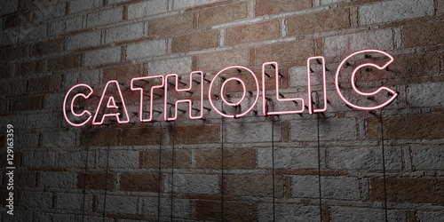 Fotografie, Obraz CATHOLIC - Glowing Neon Sign on stonework wall - 3D rendered royalty free stock illustration