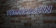 © Chris Titze Imaging - TOMORROW - Glowing Neon Sign on stonework wall - 3D rendered royalty free stock illustration.  Can be used for online banner ads and direct mailers..