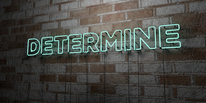 DETERMINE - Glowing Neon Sign on stonework wall - 3D rendered royalty free stock illustration.  Can be used for online banner ads and direct mailers..