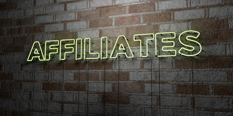 Poster - AFFILIATES - Glowing Neon Sign on stonework wall - 3D rendered royalty free stock illustration.  Can be used for online banner ads and direct mailers..