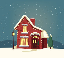 Merry Christmas House. Cartoon Vector Illustration