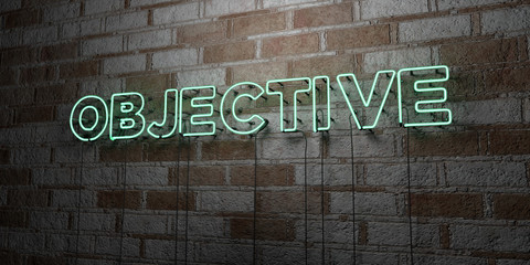 OBJECTIVE - Glowing Neon Sign on stonework wall - 3D rendered royalty free stock illustration.  Can be used for online banner ads and direct mailers..