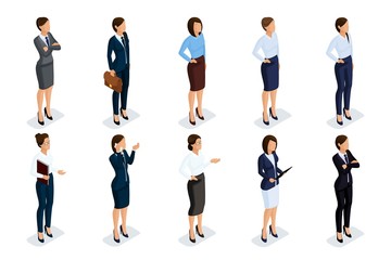 Wall Mural - isometric set of elegant beautiful business woman in business clothing. business woman doing a job. 