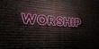 WORSHIP -Realistic Neon Sign on Brick Wall background - 3D rendered royalty free stock image. Can be used for online banner ads and direct mailers..