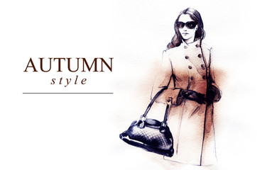 Canvas Print - autumn style. fashion illustration . woman in coat. autumn street look. watercolor painting. 