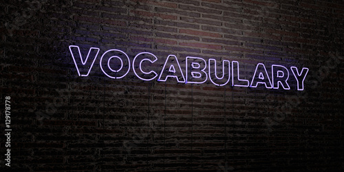 Vocabulary Realistic Neon Sign On Brick Wall Background 3d