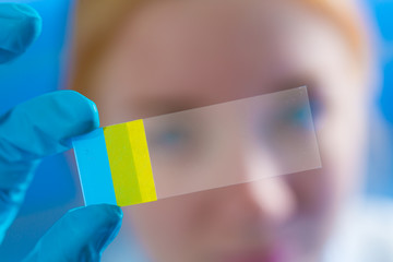 Sticker - Woman science Assistant in laboratory with microscope slide  of cancer stem cells.