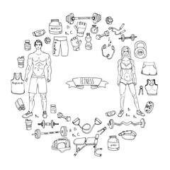  Hand drawn doodle fitness icons set. Vector illustration. Sport symbol collection. Cartoon bodybuilding various sketch elements: gym, sportsmen, diet, barbell, dumbbell, vitamin, protein, sport bag