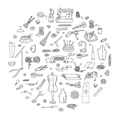 Hand drawn doodle Handmade icons set. Vector illustration. Sewing collection. Cartoon hand made various sketch elements: embroidery, jewelry making, button, needle, scissors, spool, pin, knitting