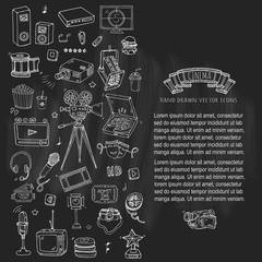 Wall Mural - Hand drawn doodle Cinema set. Vector illustration. Movie making icons. Film symbols collection. Cinematography freehand elements: camera, film tape, photo camera, pizza, popcorn, projector, microphone