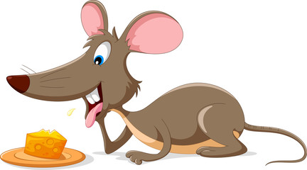 Wall Mural - Cute mouse cartoon with a slice of cheese