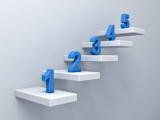 Poster - Abstract stairs or steps concept on white wall background with blue number from one to five 3D rendering