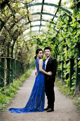 Wall Mural - Bride and groom on their wedding day outdoors. Chinese bride in a blue dress