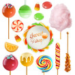 Candy set. Swirl caramel. Cotton candy. Sweet lollipop. 3d vector icon