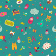 Colorful vector hand drawn Doodle cartoon set of objects and symbols on the baby theme.  Seamless pattern 
