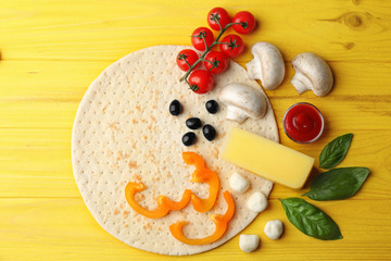 Poster - Raw pizza ingredients on wooden background, top view