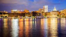 Savannah, Georgia Downtown Skyline And City Lights Across Savannah River At Night