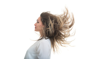 the girl with the developing hair on a white background