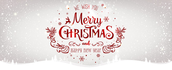 Wall Mural - christmas and new year typographical on shiny xmas background with winter landscape with snowflakes,