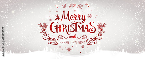 Cuadros en Lienzo Christmas and New Year Typographical on shiny Xmas background with winter landscape with snowflakes, light, stars