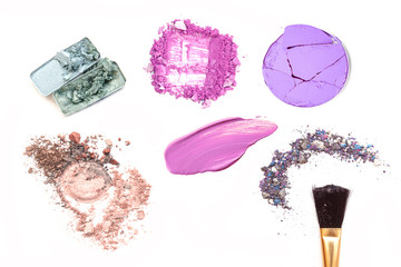 collection of various make up accessories on white background