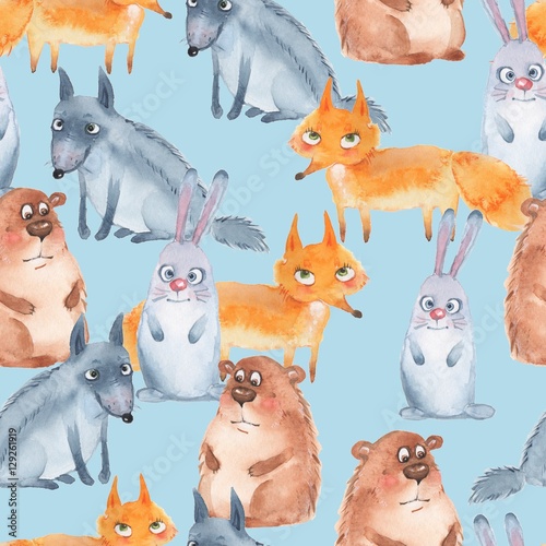 Naklejka dekoracyjna Wzór z leśnymi zwierzętami na niebieskim tle