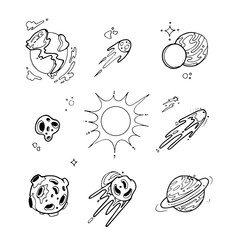 Sticker - hand drawn planets of solar system with sun and space asteroids, comets, stars. vector illustration 