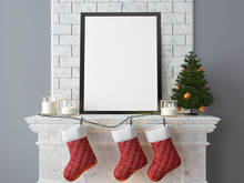 Christmas Mock Up Poster, Fireplace, Candles, Christmas Balls, Christmas Tree, 3d Interior Rendering