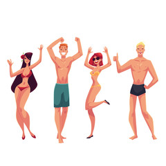 Young people dancing on the beach in swimming suits and shorts, cartoon style vector illustrations isolated on white background. Young men and women, boys and girls dancing at a beach party