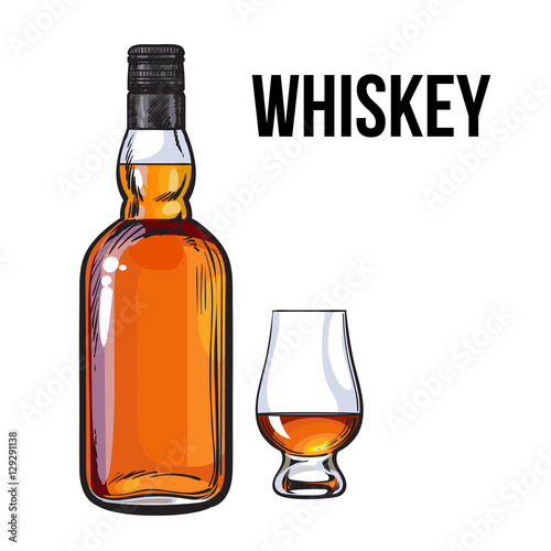 Unopened, unlabeled full whiskey bottle, sketch style vector