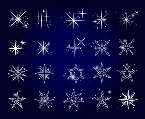 Wall Mural - Stars and sparkles icons on dark blue background. Vector illustration