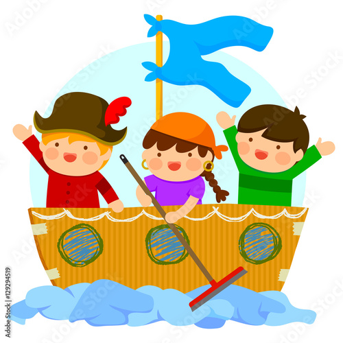 Plakat dzieci bawiące się piratów z tekturowym statkiem i wycieraczką