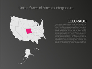 Canvas Print - United States of America, aka USA or US, map infographics template. 3D perspective dark theme with pink highlighted Colorado, state name and text area on the left side.