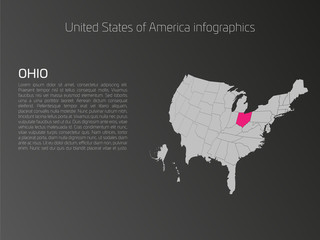 Canvas Print - United States of America, aka USA or US, map infographics template. 3D perspective dark theme with pink highlighted Ohio, state name and text area on the left side.