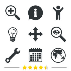 Poster - Magnifier glass and globe search icons. Fullscreen arrows and wrench key repair sign symbols. Information, light bulb and calendar icons. Investigate magnifier. Vector