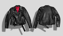 Classic black leather bikers' jacket with silk red lining shot from the front and the back isolated on white