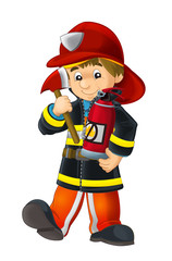 Cartoon happy and funny fireman with axe and extinguisher - isolated background - illustration for children