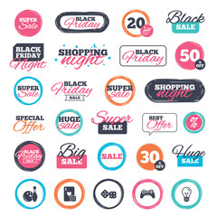 Sale shopping stickers and banners. Bowling and Casino icons. Video game joystick and playing card with dice symbols. Entertainment signs. Website badges. Black friday. Vector