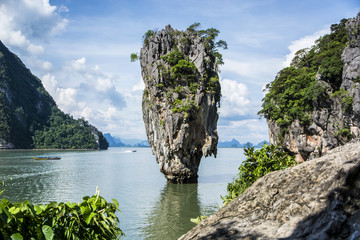 beautiful lagoon landscape of james bond island rounded with mountains in phuket island, thailand. h