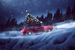 Auto mit einem Weihnachtsbaum auf dem Dach