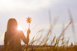 © chayantorn - Silhouette of Beautiful girl holding wind toy or wind turbine or pinwheel and wool hat at meadow on winter season in morning.
