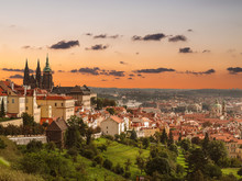 View Of The Historic Part Of Prague With St. Vitus Cathedral At Sunset, Czech Republic