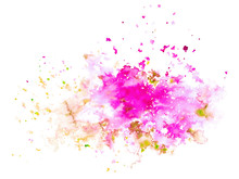 Pink And Yellow Watery Spreading Illustration.Abstract Watercolor Hand Drawn Image.Purple Splash.White Background.