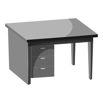 Computer desk icon. Gray monochrome illustration of computer desk vector icon for web