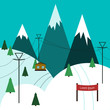 Winter ski resort Vector illustration Ski trail among mountain peaks Flat design