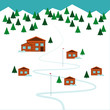 Winter ski resort Vector illustration Ski resort on the top of the mountain and forest Flat design
