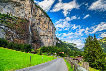 Stunning Lauterbrunnen town and Staubbach waterfall,Bernese Oberland,Switzerland,Europe