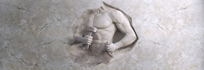 epic background of athletic man cuts his body of marble stone