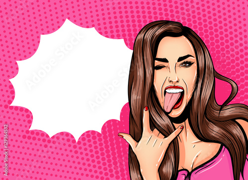 Fotografie, Obraz Pop Art Vintage advertising poster comic girl with speech bubble