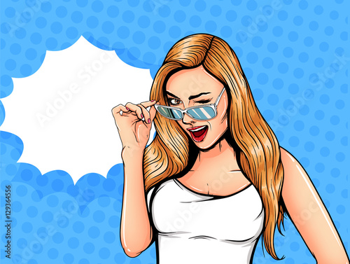 Obraz na plátně Pop Art Vintage advertising poster comic girl with speech bubble